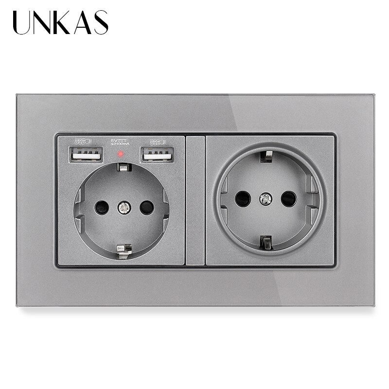 Unkas eu frans stopcontact met dubbele usb-poort + tv  rj11 telefoon  rj45 internet computeraansluiting 146mm * 86mm grijs glazen paneel stopcontact: 2 gang  eu 2 usb  x 1
