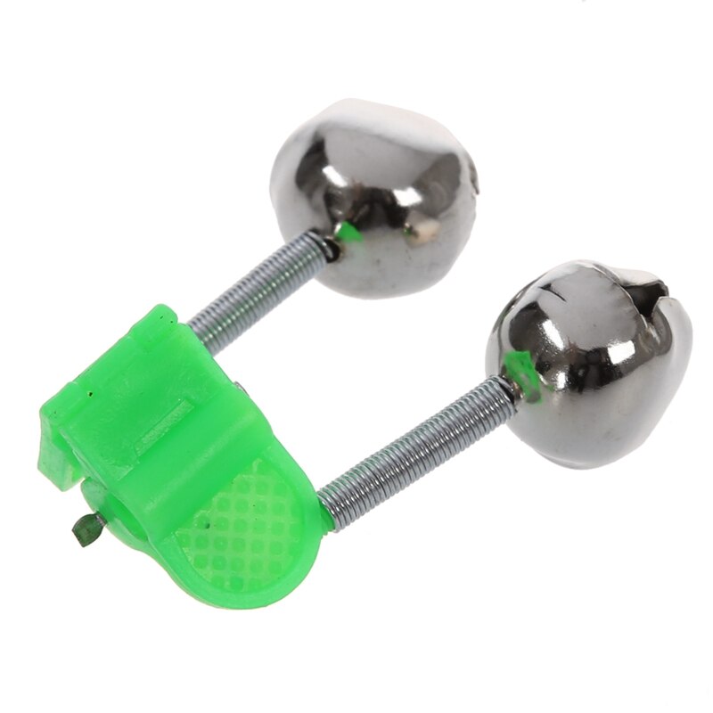 10 Pcs Green Spring Loaded Clip Double Fishing Rod Alarm Bells Silver Tone