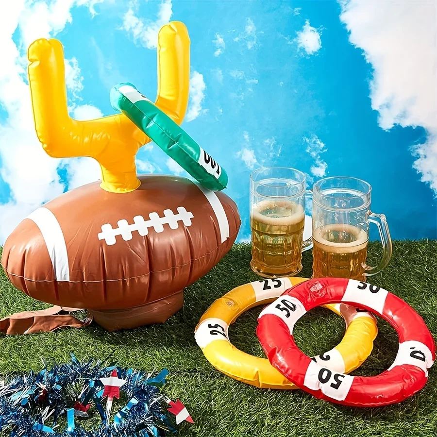 Inflatable Rugby Throw Ring Set, 1 Inflatable Rugby Ball Hat, 3 Inflatable Rings, Party Indoor Outdoor Activity Props, Best for