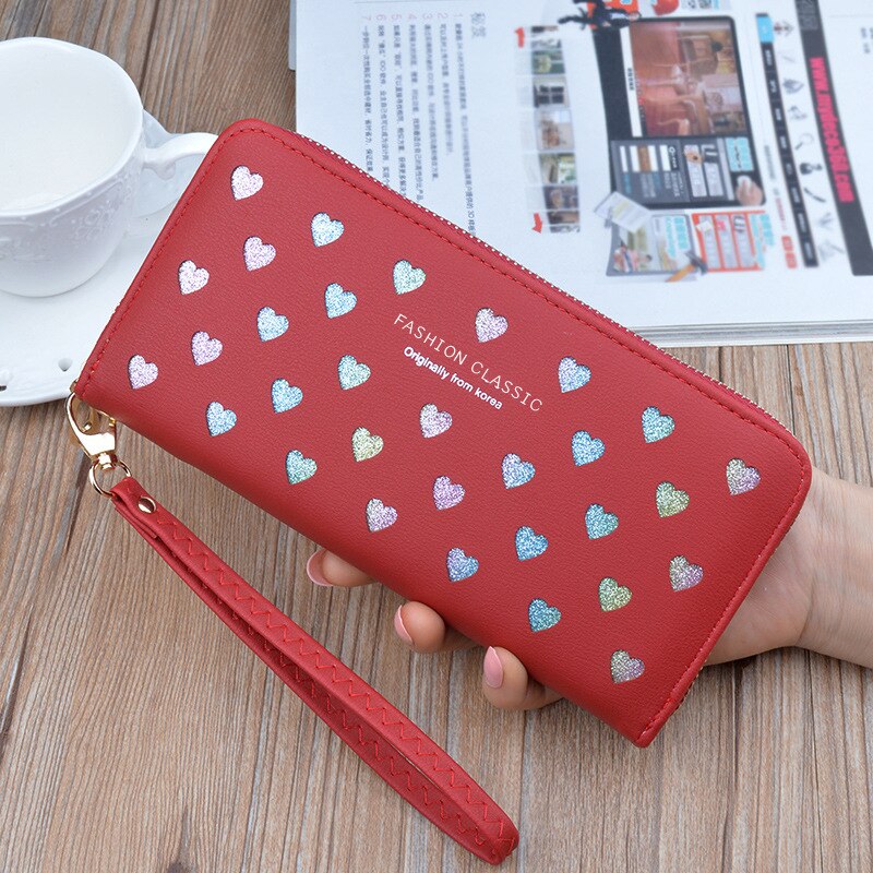 Women Wallet Pu Leather Long Love Heart Cute Purse for Phone High Capacity Card Holder Clutch Wallets Carteira Feminina: Red