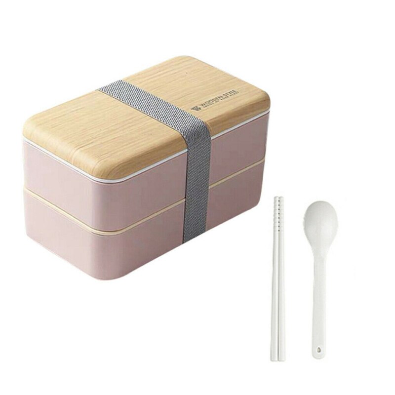 Microwave Double Layer Lunch Box Wooden Sensation Salad Bento Box BPA Free Portable Container Student Worker Box: Pink