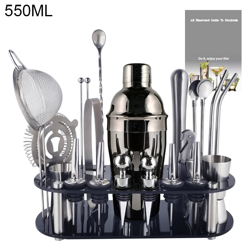 1-22Pcs Boston Cocktail Shaker Bar Gereedschap Wijn Mixer Set Barman Cocktail Shaker Tool Kit Schenker Jigger Warhoofd met Houder: 22 B 550ml Rack