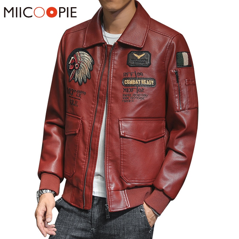 Brand Embroidery Chaqueta Cuero Hombre Zipper Pockets PU Leather Jacket Men Indian Avatar Slim Fit Biker Jackets Coats