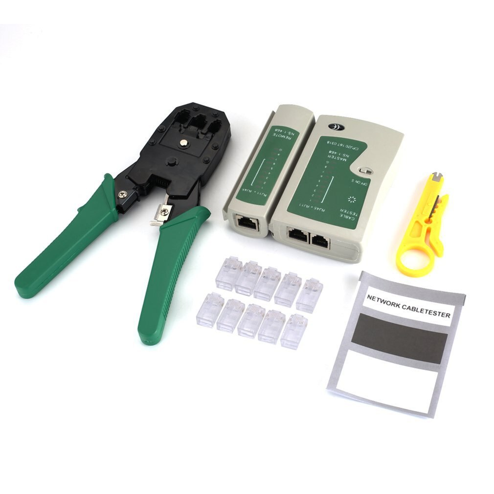 Network Ethernet LAN Kit 4 in 1 Cable Tester +Crimping Plier Crimper + Wire Stripper +10x Rj45 Cat5 Cat5e Connector Plug Netw