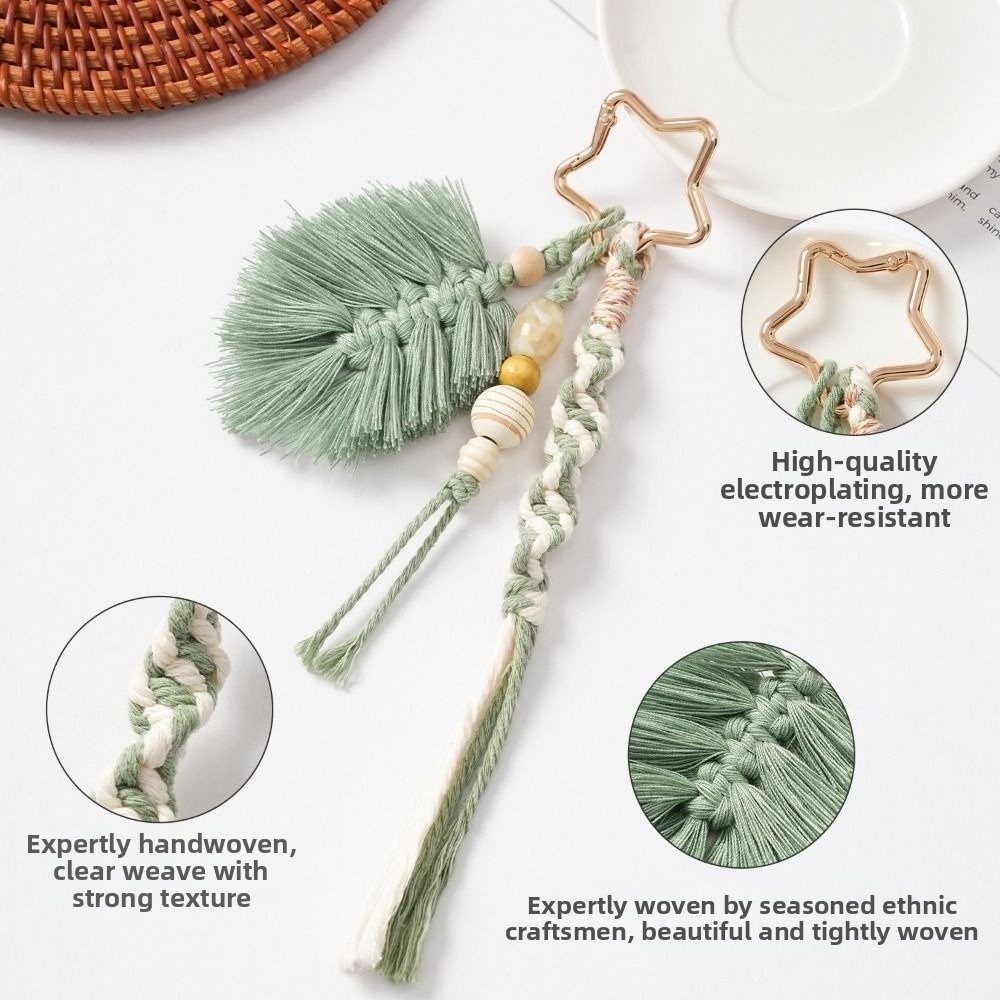 Chaveiro Artesanal de Moda, Estilo Campestre, Trançado com Borla e Flor, Pingente para Bolsa de Presente e Chaves de Carro