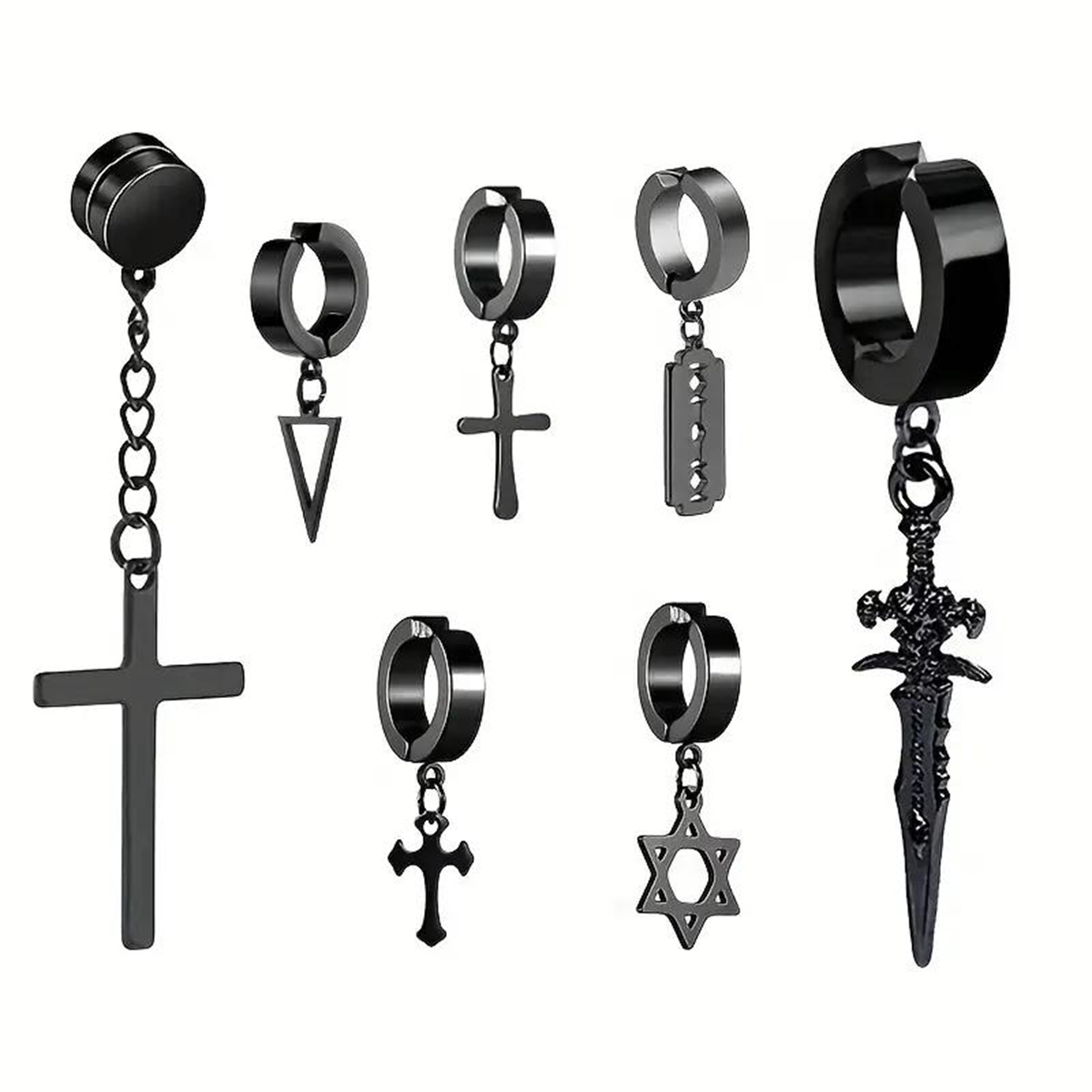 Conjuntos de aretes falsos con imán de acero inoxidable para hombre, conjunto de estrella relámpago cruzado punk, 2-7 Uds.: Chapado en zinc blanco y azul