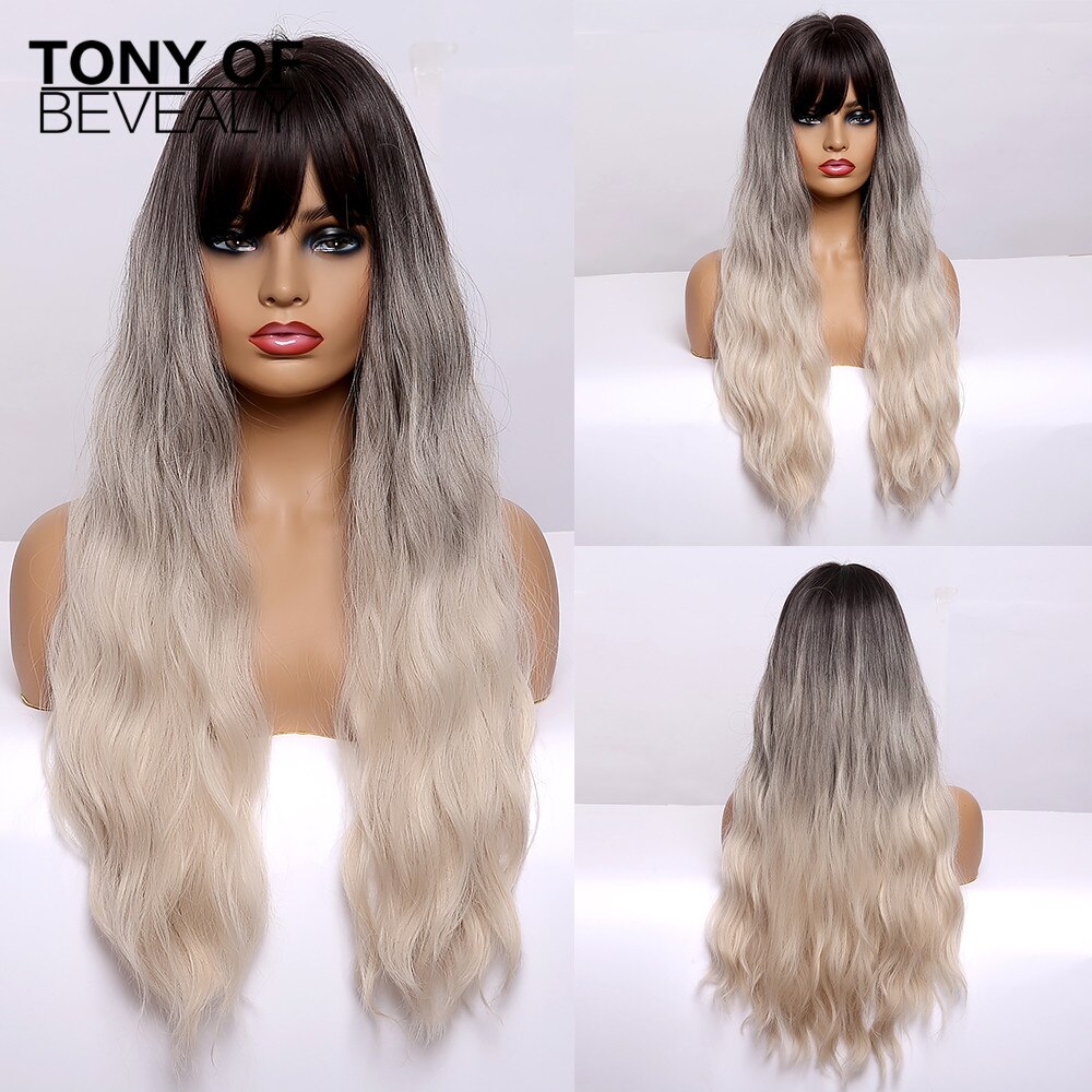 Long Wavy Dark Brown Natural Hair Wigs With Bangs Heat Resistant Synthetic Wigs for Afro Women Daily Cosplay Natural Wigs: lc202-2