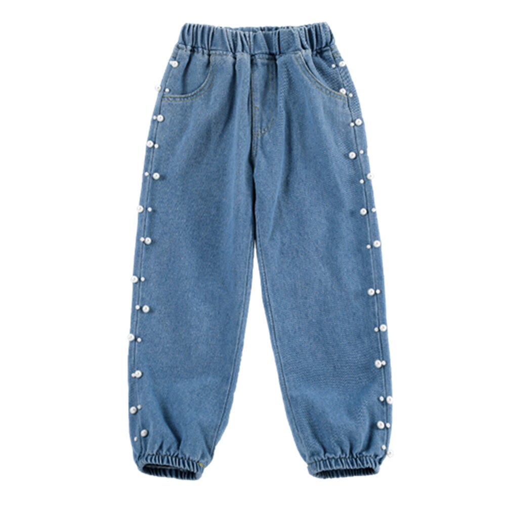 Børnejeans bukser til piger kausale denimbukser børn forår efterår jeans med perler alder 4 5 7 9 11 13 år