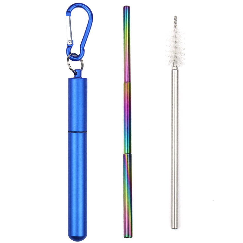 Reusable Stainless Steel Straws with Aluminium Keychain Case Cleaning Brush Collapsible Telescopic Portable Drinking Straws: Blue