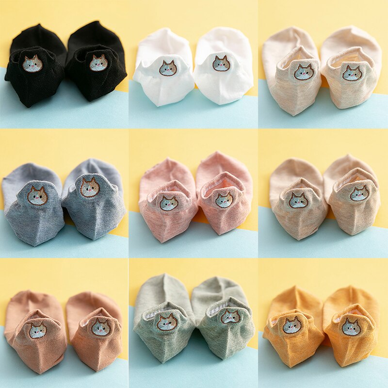 1Pair Kawaii Embroidered Expression Women Socks Happy Ankle Funny Animsl Socks Women Girl Cotton Summer Candy Color Cute