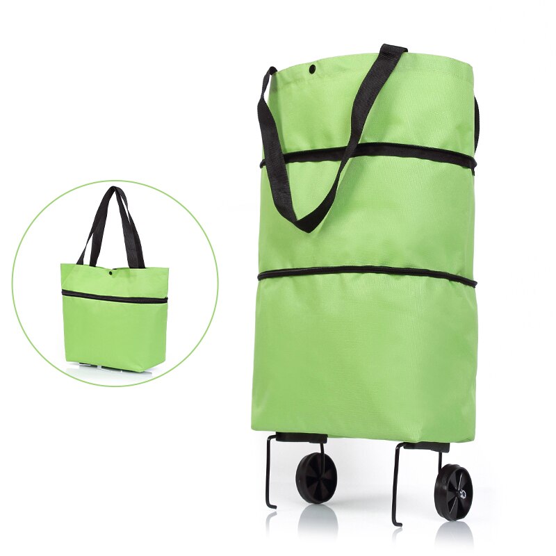 2 in 1 Folding Shopping Pull Cart Trolley Bag With Wheels Reusable Grocery Bags Food Organizer Vegetables Bag Shopping Bag: green