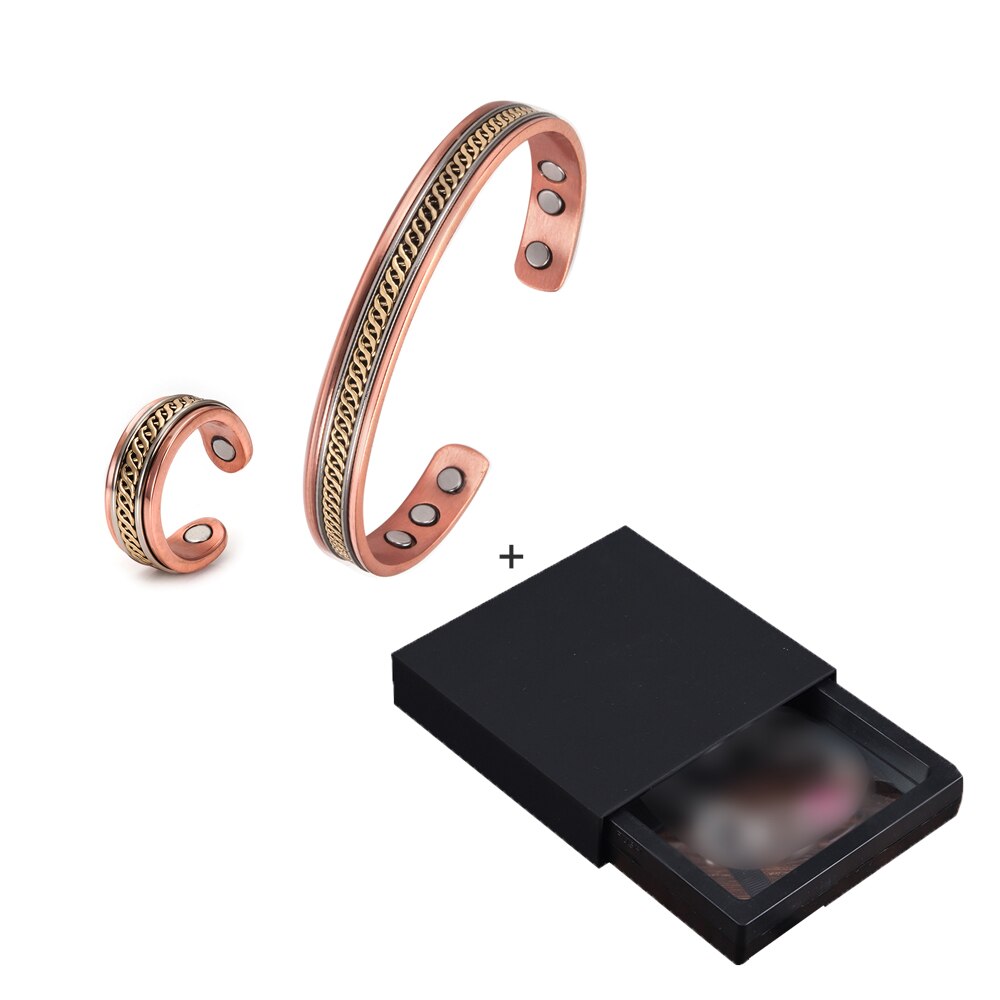 Jewelry-Set Magnetic Copper Bracelet Ring Healing Energy Jewelry Sets for Women Rose Gold Adjustable Cuff Ring Bracelets Bangles: braided box