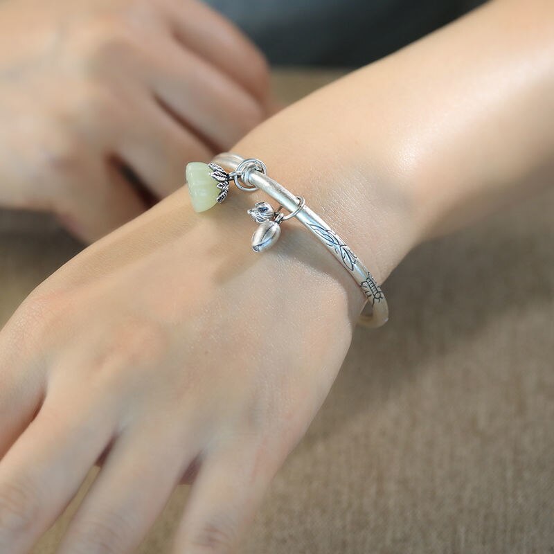 Pulseira de prata para mulheres s925 prata esterlina s925 sino de mudas de lótus ajustável sólido retrô retrô simples de prata pus