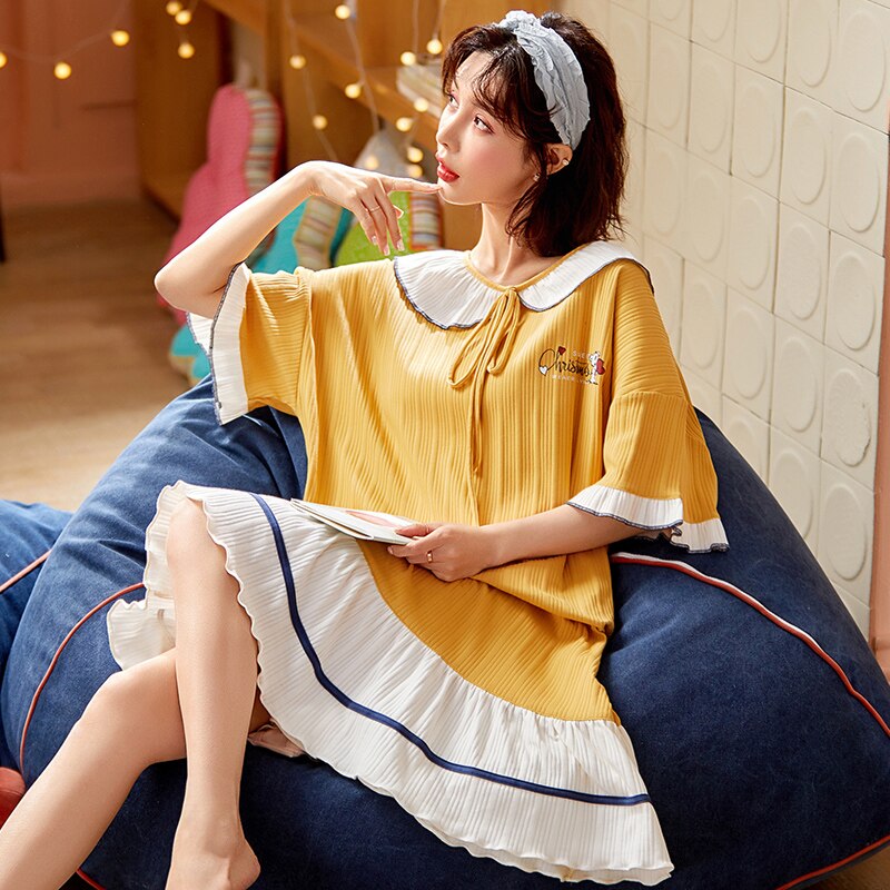 nouvelles Femmes Chemises de Nuit Chemise de Nuit En Coton Mignon Vêtements De Nuit Douce Princesse Manches Courtes Vêtements De Nuit De Salon D'été Lâche Homewear: dlf23004 / XXL