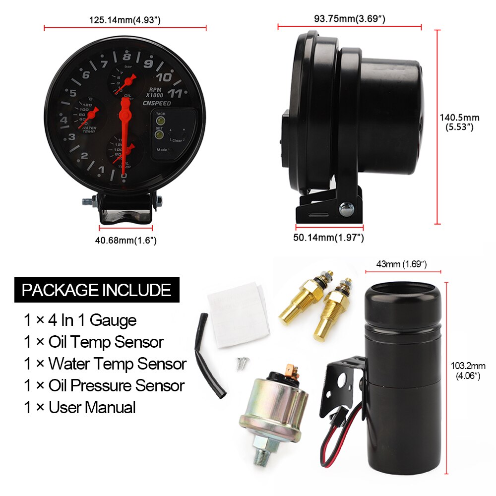 Tachymètre de voiture 5 &quot;4 en 1 avec lumière de changement de vitesse, compteur d&#39;eau, jauge de température d&#39;huile, jauge de pression d&#39;huile et capteur adaptateur