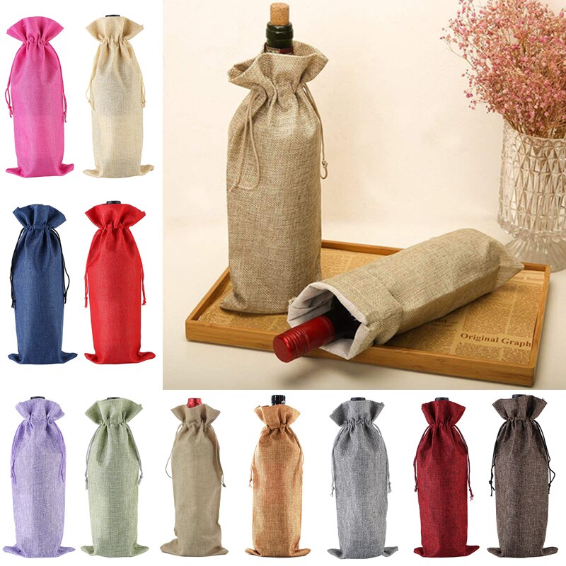 Linen Wine Bottle Covers With Drawstring Jute Wine Bag Holder Carrier For Champagne Olive oil Packaging Pouch