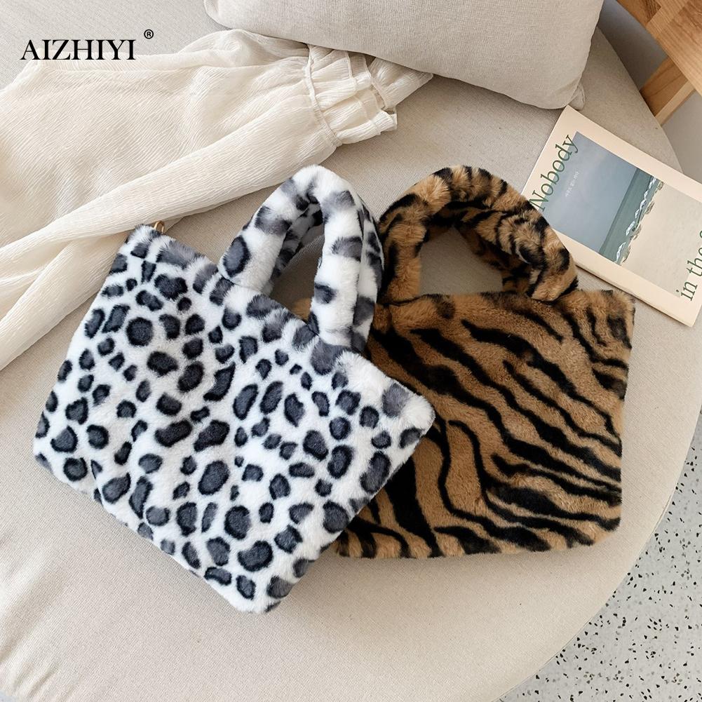 Vrouwen Pluche Handtas Zachte Faux Fur Luipaard Print Zebra Patroon Vrouwen Tas Koreaanse Dames Party Casual Tote Dier Schouder tassen