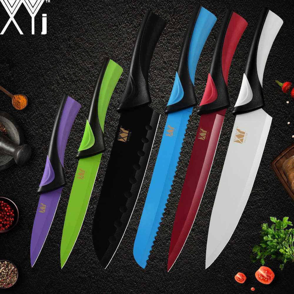 Xyj 6 stk rustfritt stål knivsett 8 '' 7 '' 5 '' 3.5 '' fargerikt skarpt tynt blad komfortabelt håndtak kniver matlaging kjøkken dingser: Et .6 stk sett