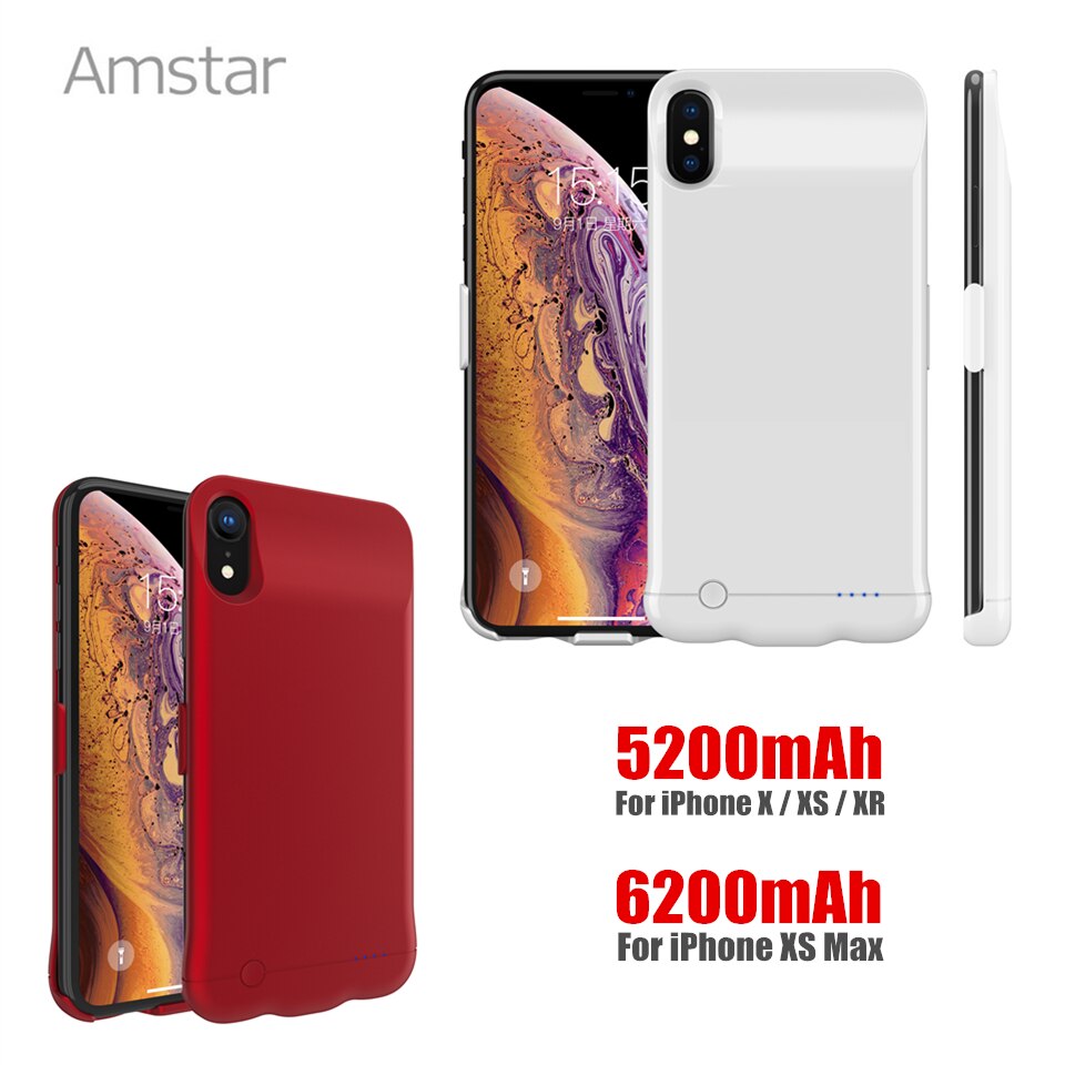 Amstar, fundas de cargador de batería de 5200mAh para iPhone X XR XS, funda de carga PowerBank, fundas traseras de 6200mAh para iPhone XS Max