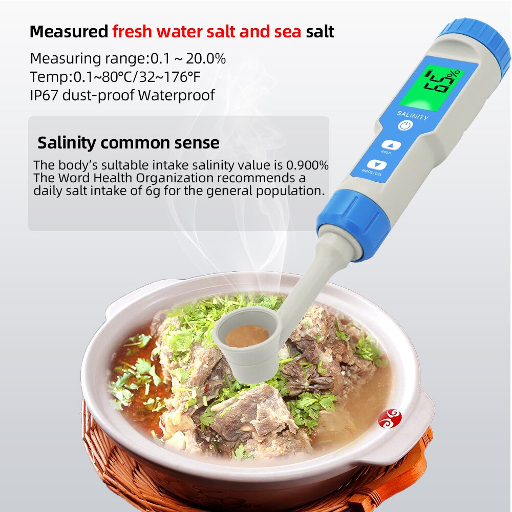 Digital Salinity Meter S-200 Waterproof Portable Soup Food Sea Salt Soup Salimeter 0.1 to 20.0% Concentration Meter 30% off