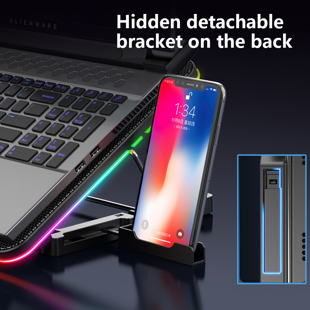 Coolcold RGB Gaming Laptop Cooler 12-17 Inch,Six Fan Cooling Bracket With Led Screen,Notebook Cool Stand Two USB Ports