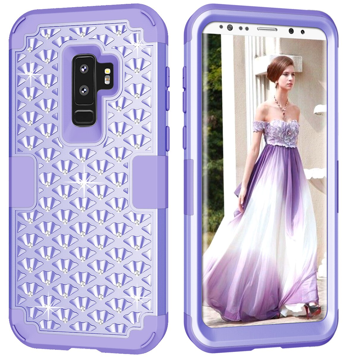 Estuches para Samsung Galaxy S9 Plus, híbrida resistente a golpes con diamantes de imitación brillantes con doble capa de protección contra impactos: For Galaxy S9 / Purple