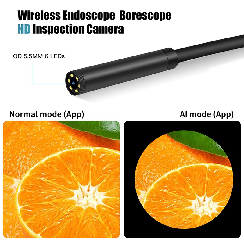 5MP Pixel WiFi Endoscope Camera 5.5mm Lens With White Light 5M 10M Hard Cable IP67 Borescope For Android Apple Device