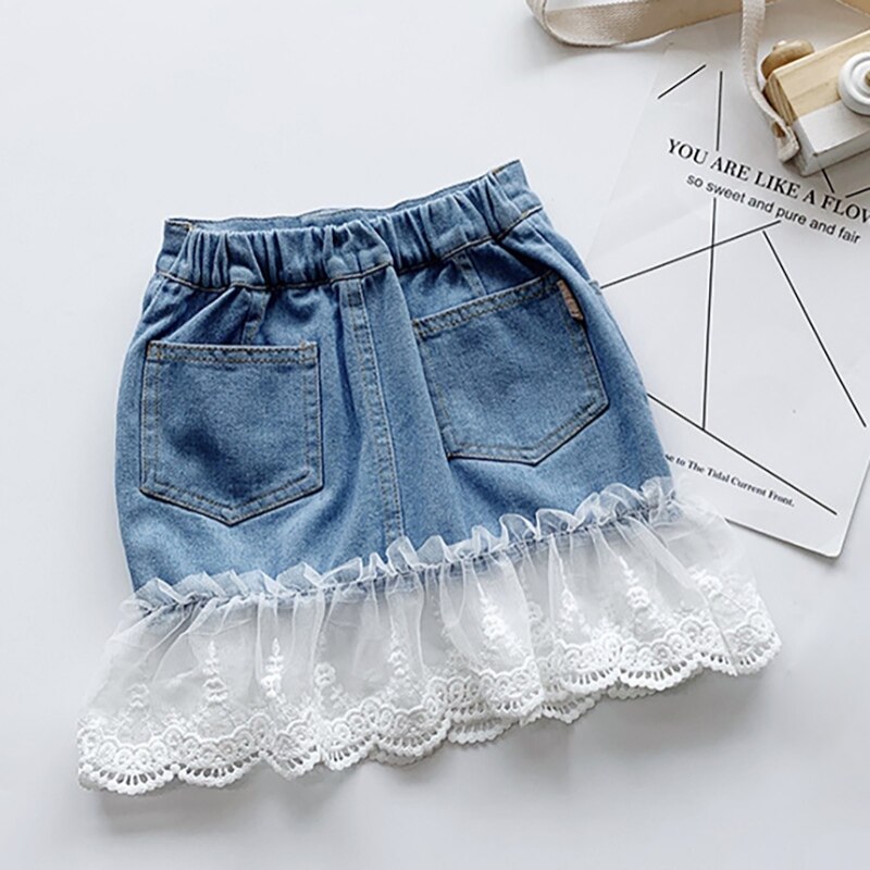 Pige nederdele baby pige tøj sommer yndig børn toddler denim nederdel knap blonder jeans nederdel culottes korte piger: 120