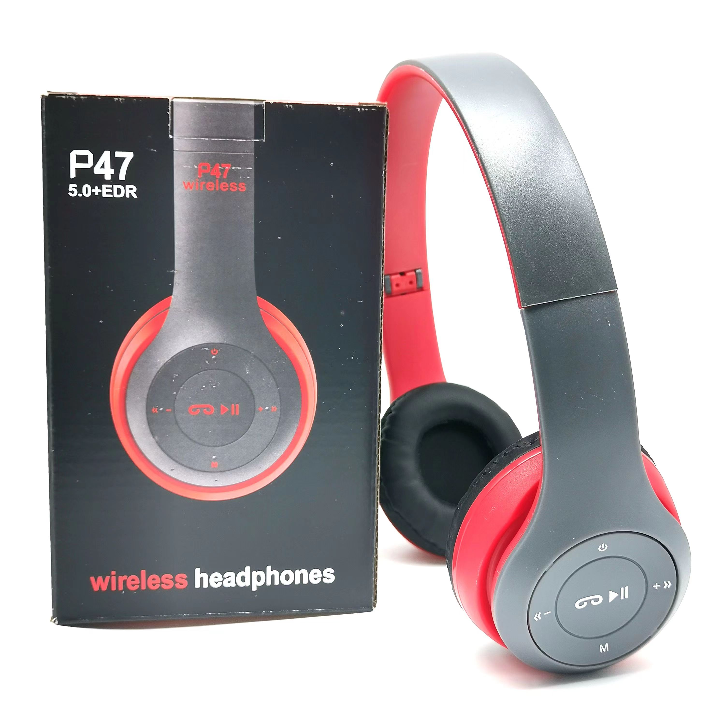 P47 Bluetooth 5.0 Wireless Headphone Foldable HIFI Stereo Bass Earphone Kid Helmet With Mic USB Adaptor For iPhone Game: Red
