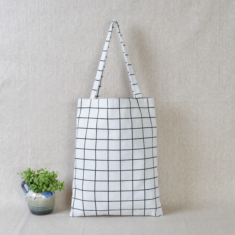 Sac à bandoulière en coton pour femmes, sac de Shopping Durable, fourre-tout à carreaux en toile de lin, sacs de Shopping à la ,: WHITE