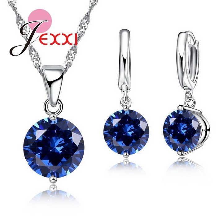 Conjunto de joyas para mujer, Plata de Ley 925 auténtica, cristales redondos, CZ, colgante, collar, pendientes, novedad: blue