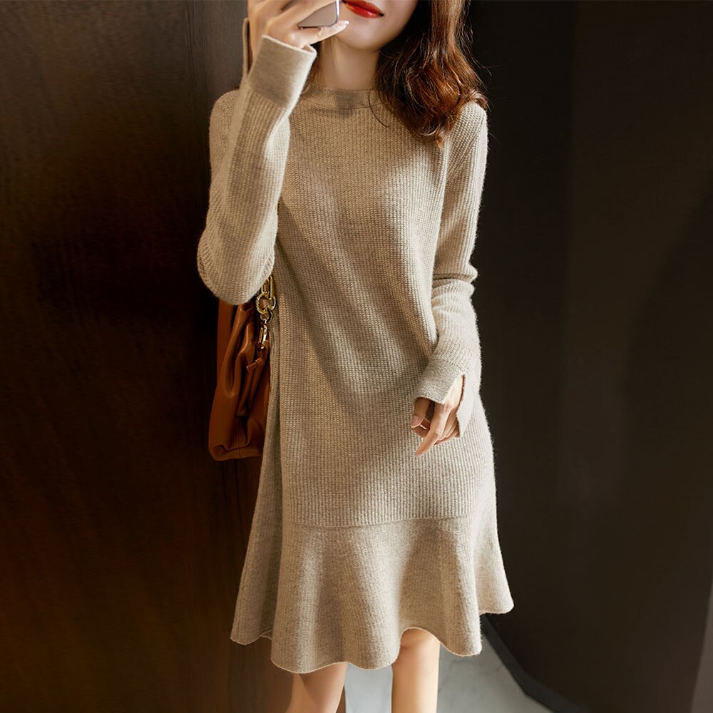 Vrouwen Trui Jurk Herfst Winter Lange Mouwen Ronde Hals Effen Kleur Ruches Zoom Gebreide Jurk Casual Vestidos Gewaden Koreaanse
