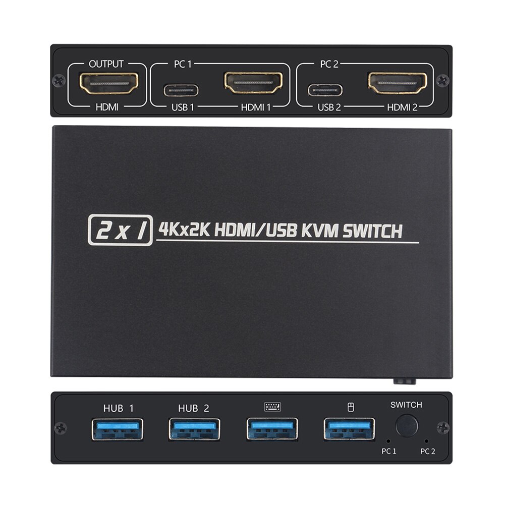 2-Port HDMI USB KVM 4K Switch Splitter For Shared Monitor Keyboard And Mouse Adaptive HDCP Printer Plug And Play