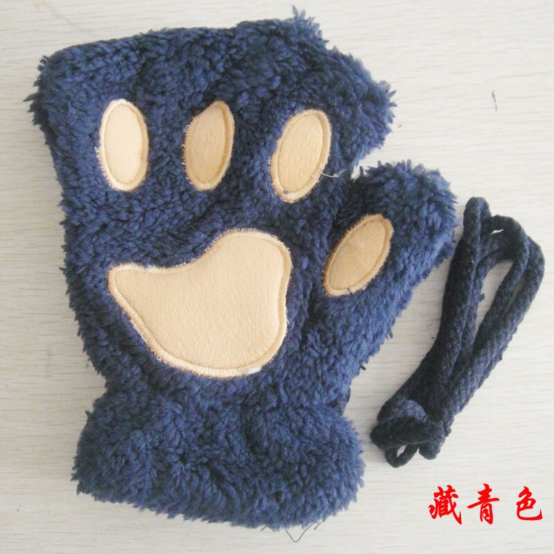 Gants de dessin animé chat fille, mitaine épaisse peluche ours patte demi-doigt G22: Cyan