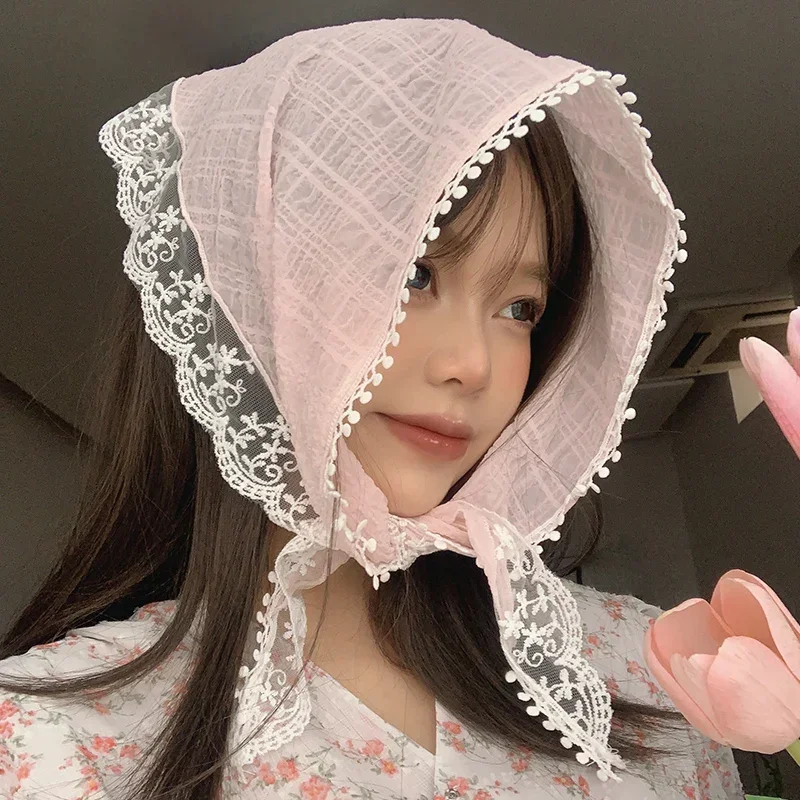 pañuelo para el pelo de encaje Floral tejido blanco o rosa, pañuelo triangular Retro para mujer, sombrero, foto de viaje, diadema, accesorios para el cabello
