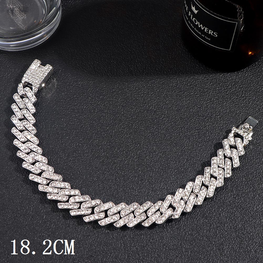Mode Bling Verharde Rhinestone Prong Cubaanse Ketting Armband Voor Vrouwen Mannen Hip Hop Iced Out Chunky Link Chain Armbanden sieraden: 011102SL