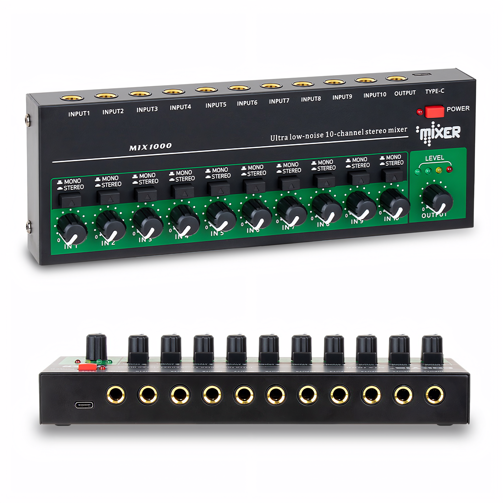 10- kanals lydmikser bærbar ultralavstøys stereo mono linjemikser 6.35mm- inngangs lydprosessor til gitar bass tastatur
