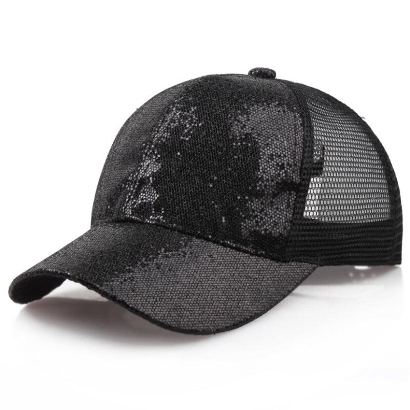 Dame mesh lerret baseball cap trucker lue sommer solbeskyttelse baseball paljetter cap 7 farger: Svart