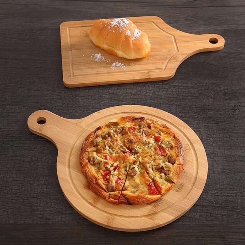 Tabla de Pizza, tabla de cortar de bambú con mango, corte doméstico, pan, fruta, Base redonda de madera, bandeja de comida, utensilios de cocina duraderos