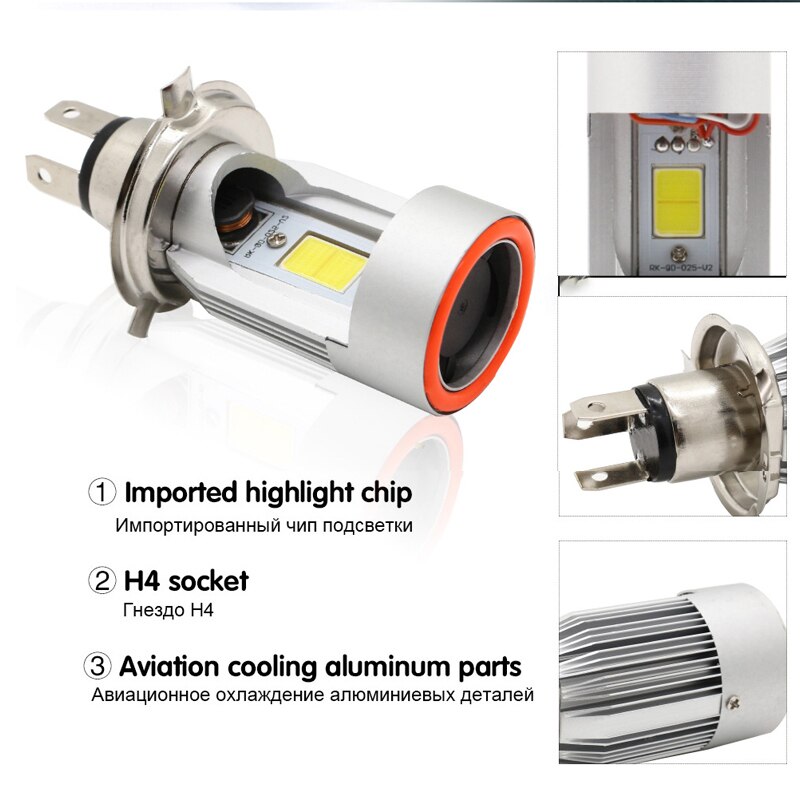 1PC H4 LED Motorcycle Headlight Ba20d HS1 H6 Scooter Motorbike Headlamp Light Bulb DRL Accessories 12V White Blue/Red Angel Eye