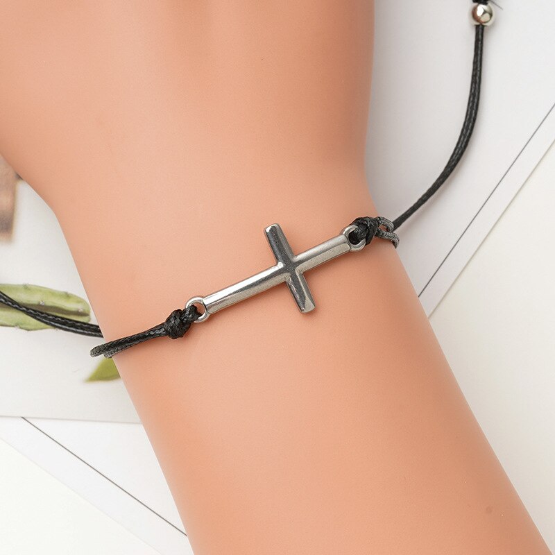 Handmade Edelstahl Kreuz Charme Wachs Schnur Geflochtene Karte Armband