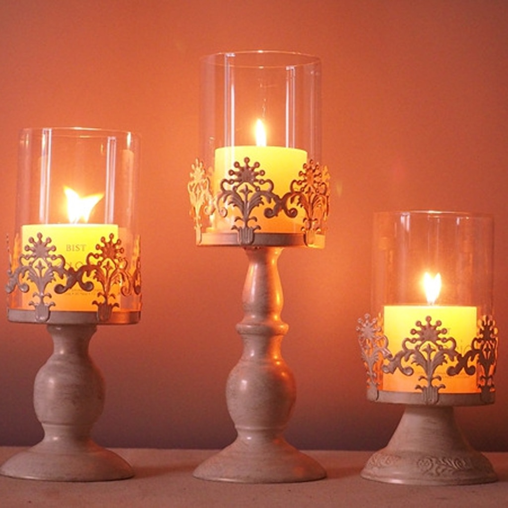 3pcs/set Decorative Pillar Holder Candle Tea Light Canderholders with Glass Dome, Table Desktop Centerpieces