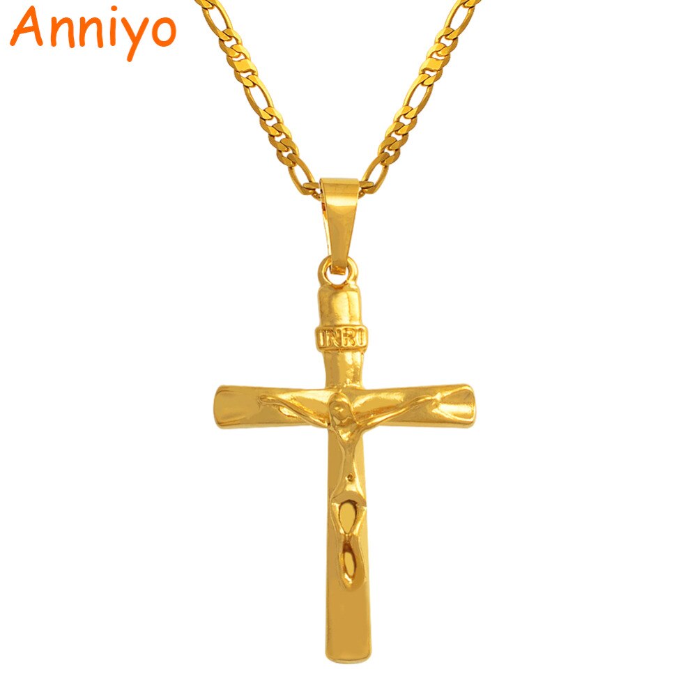 Collares con colgante de Cruz Anniyo para mujeres/hombres INRI Juses crucifijo cristianismo joyería Color oro INBI Jesus of Nazareth #092106