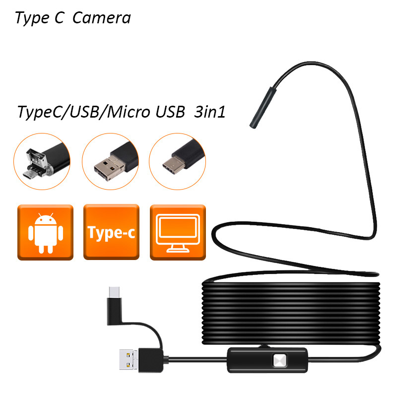 Lente de 5,5mm 1 M/2 M cable suave CÁMARA DE endoscopio USB para Android USB inspección de tuberías endoscopio boroscopio USB OTG Mini cámara: 1 m / Type C Camera