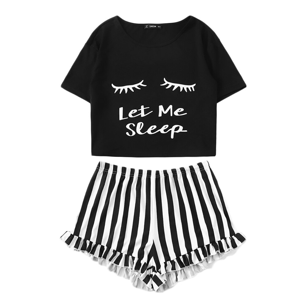 Zwart Grafische Tee Frilled Gestreepte Shorts Ronde Hals Korte Mouw Set Zomer Vrouwen Patchwork Nachtkleding: black / XL