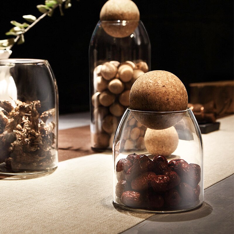 Clear Glass Jar Bottle Kitchen Storage Jars with Cork Ball Lid Airtight Canister Beans Granis Candy Kitchen Storage Organizer
