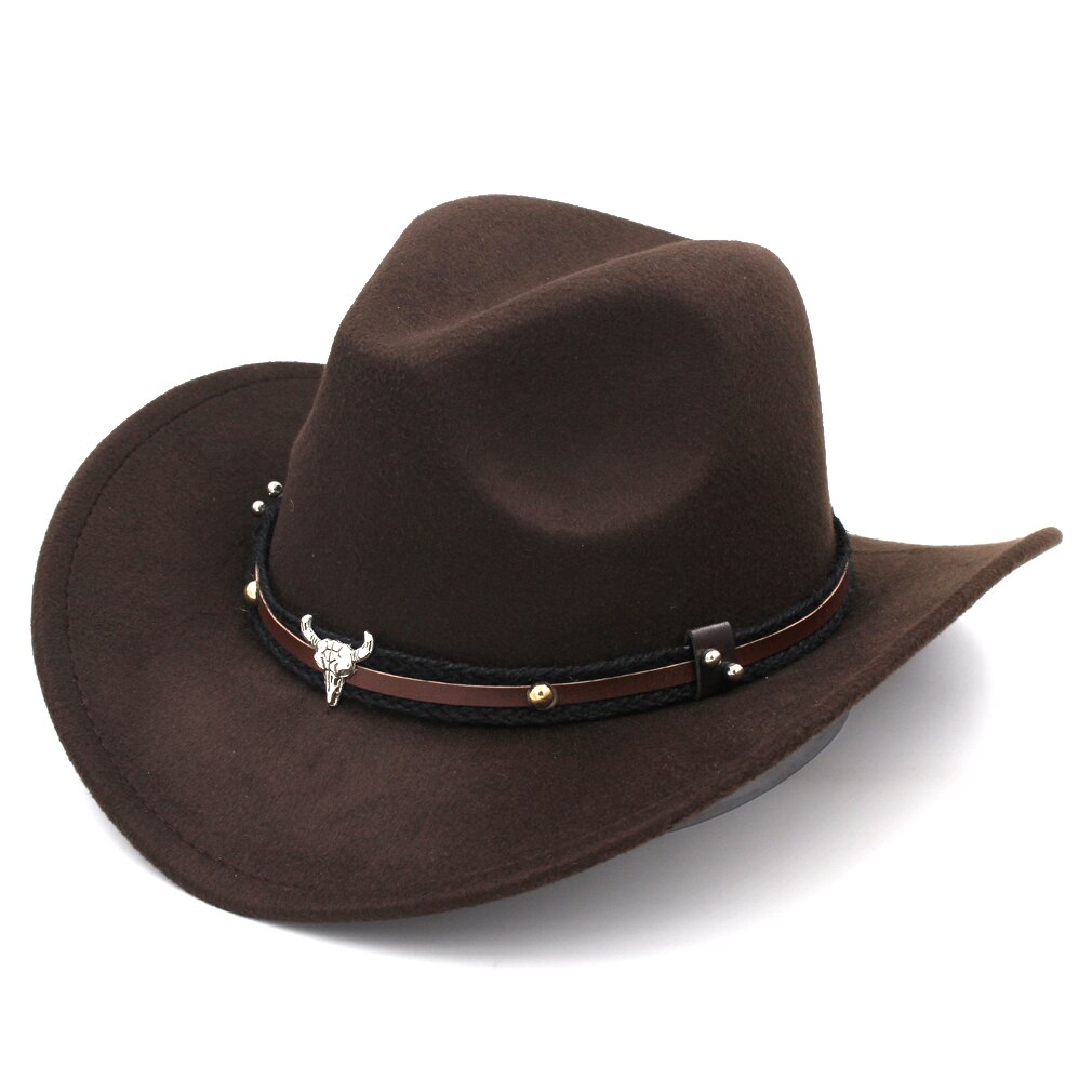 Mistdawn Wild Western Cowboy Hat Cowgirl Sombrero Cap Wool Blend Stiff Wide Brim with Tauren Leather Belt Size 56-58cm BBI: Dark Brown