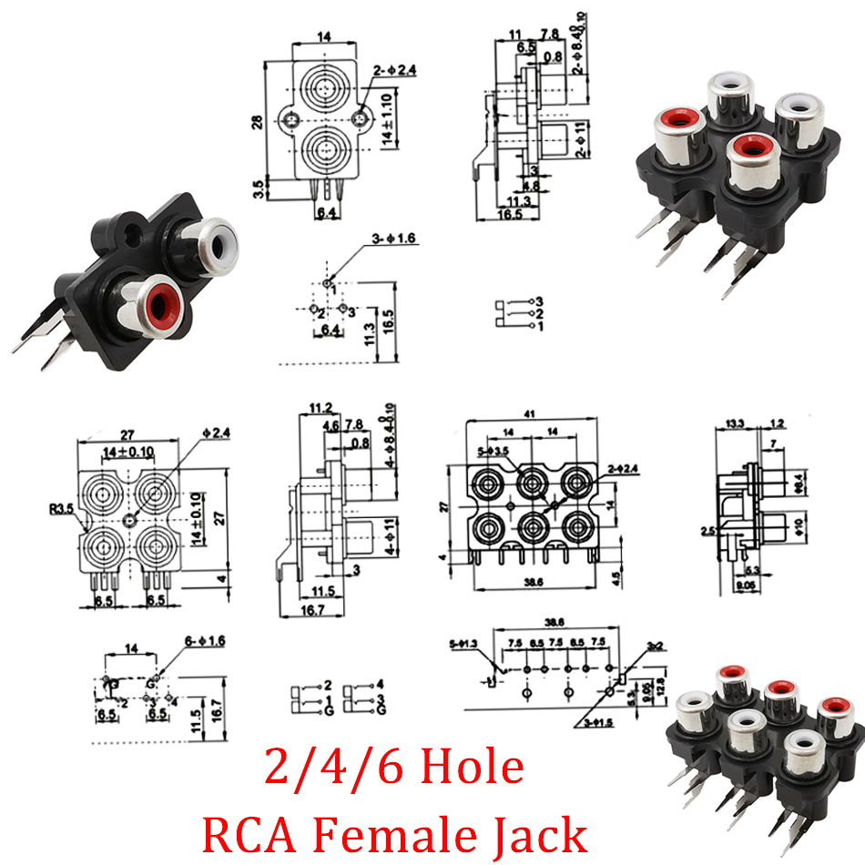 5Pcs/Lot 2/4/6 Hole RCA Female Stereo Audio Jack AV Audio Input Socket Connector Lotus Row Amplifier Interface Signal Connection