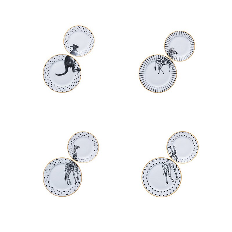 2 Pcs 6&8 Inch Animal Combined Plates Set Ceramic Plates Fox Elk Giraffe Zebra Pattern Plates Steak Breakfast Cake Fruits Dish