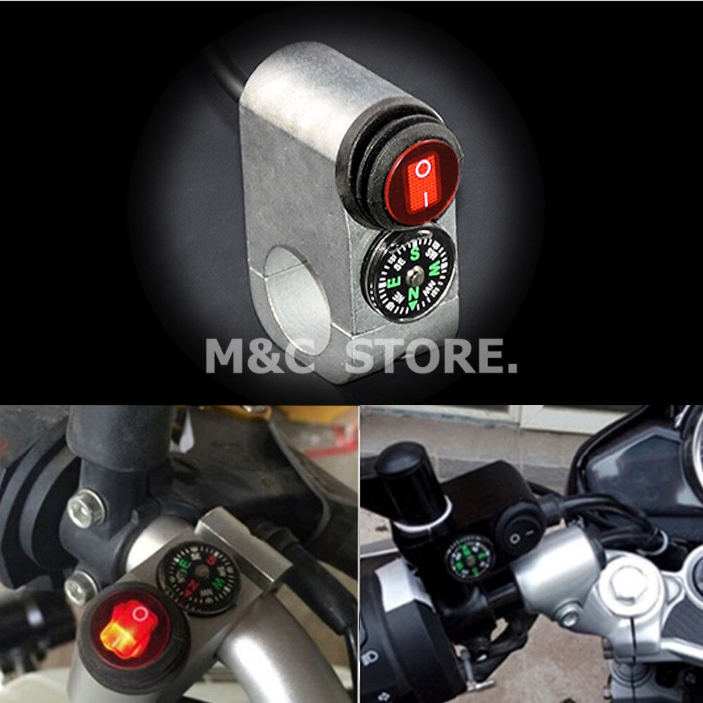 22mm 12V Waterproof Motorcycle Handlebar Turn Signal Light ON-OFF Button Switch Motors Ignition With Compass